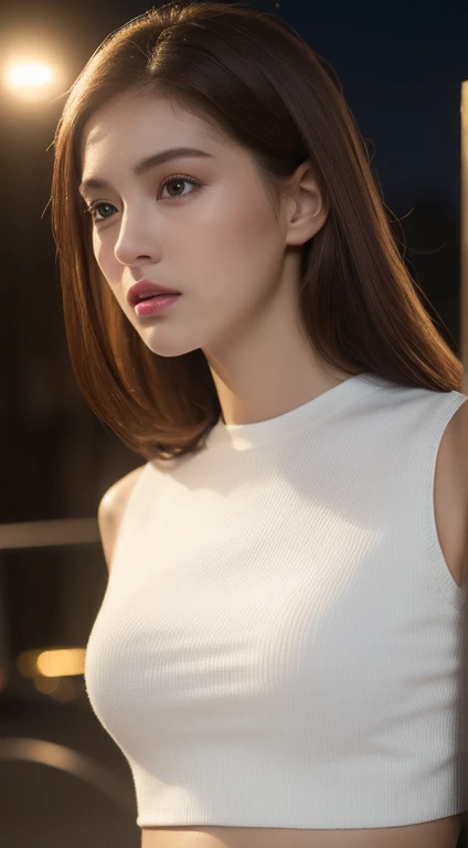 ((Realistic lighting,  best quality , 8k,  Masterpiece: 1.3)), , clear focus : 1.2, 1 girl,  perfect shape.: 1.4,  slim belly : 1.1, (( dark brown hair )), ( White Sleeveless Top: 1.4), (outdoor, nighttime: 1.1), City streets, A very beautiful face, Beauti...