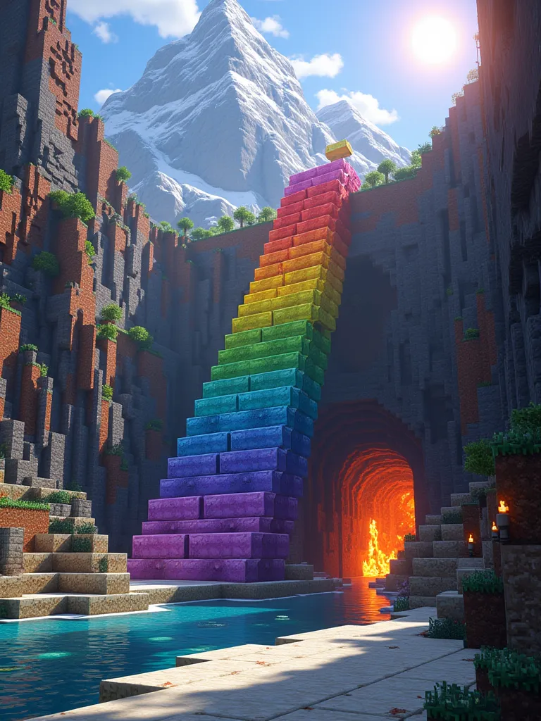 A vibrant Minecraft-style scene featuring a massive rainbow bridge made of pixelated blocks, each layer showcasing the full spectrum of colors: red, orange, yellow, green, blue, indigo, and violet. The bridge stretches across a deep chasm, leading directly into the ominous entrance of a dragon’s cave, its mouth framed by jagged obsidian blocks and glowing with flickering orange and red light.  The cave walls are textured with dark stone and veins of lava flowing through, casting a fiery glow that contrasts with the colorful brilliance of the rainbow bridge. Towering pixelated mountains surround the scene, their snowy peaks glimmering under a blocky, radiant sun. The atmosphere is adventurous and immersive, perfect for an epic quest, with intricate Minecraft-style details such as torches illuminating the path and pixelated treasure hints scattered near the cave entrance. Rendered with a polished, vibrant aesthetic that captures the essence of Minecraft while enhancing its fantasy elements.  