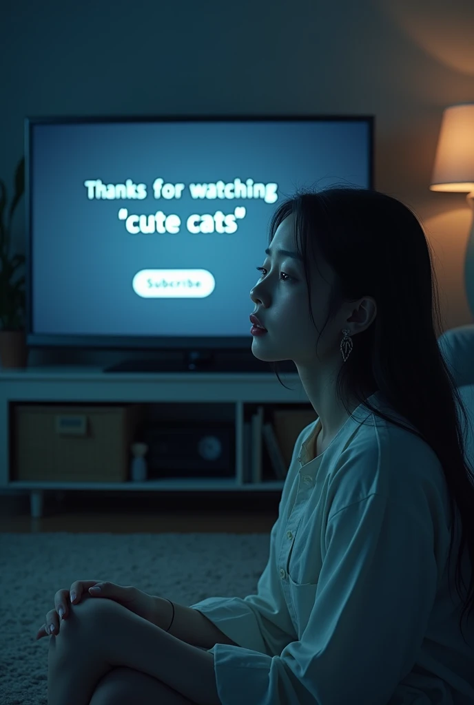 A Cute girl age of 25 looking and sad seeing a tv, a big led  tv a write thanks for watching "cute cats" and write "subscribe" look clearly 