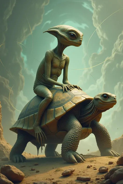 Draw an ET riding a turtle,  spirals with fine lines