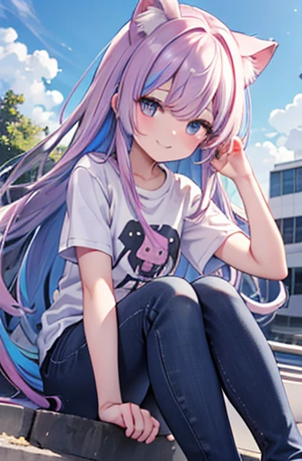  best quality,  high definition , Perfect human structure, cat ears, Front View,  shiny hair, Rainbow Hair,  on the roof,  sitting ,  raise your hands ,  gradation eyes ,  smooth bangs,  frontal angle , T-Shirts, jeans, smile、 long hair , big chest、