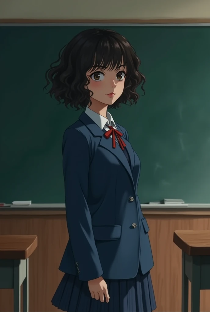 make a teen highschool girl with a uniform of blue, curly hair, dark, mystery, infront of blackboard