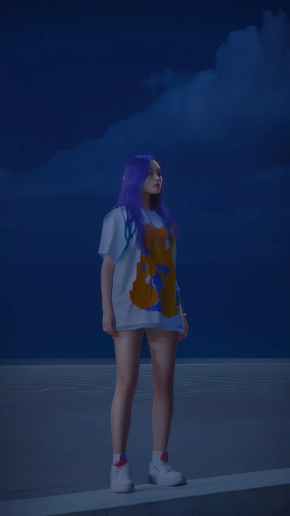 a young woman standing in front of a dark blue sky with clouds, she has long purple hair and is wearing a white t-shirt with a colorful sneaker head nike logo design, the woman is wearing white shoes with red laces, she is standing on a gray concrete platf...