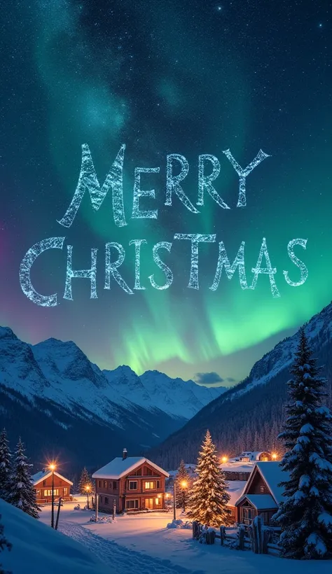 A hyper-realistic night sky where the words MERRY CHRISTMAS are formed by a constellation of brilliant stars. Around the constellation, the Milky Way glows softly, surrounded by vibrant streaks of aurora borealis in green and purple hues. Below, a quiet, s...