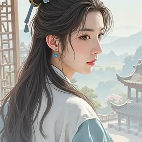  Please create this exquisite watercolor style picture ， The background is the Pavilion of Ancient China ， Man dressed in Chinese Song Dynasty uniform sitting on the second floor of the tea house，Half side looking at the view outside the window 。
Oil paint...