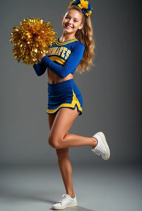 araffe cheerleader in a blue and yellow uniform is holding a pom pom, a stock photo by Jakob Gauermann, shutterstock, arabesque, a teenage girl cheerleader, close-up on legs, detailed shot legs-up, cheering, high school mascot, shows a leg, thighs close up...