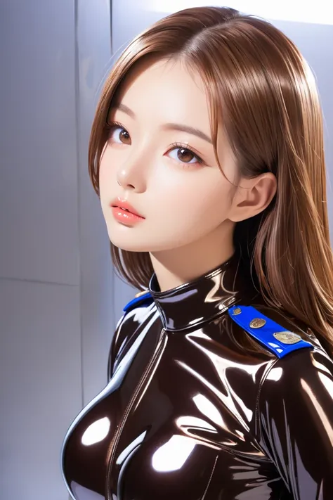  1 girl, langes Haar,  BROWN HAIR, Breasts, Lens reflection, Reflected light, In extremely tight shiny e latex police uniform, 