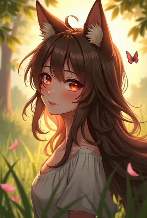 masterpiece,best quality, 1girl, solo, slight smile, slight smile, cherry, sunlight dapple, butterfly, grass animal ears,wolf ears,long hair, tail, wolf tail, red eyes, wolf girl,brown hair,,  