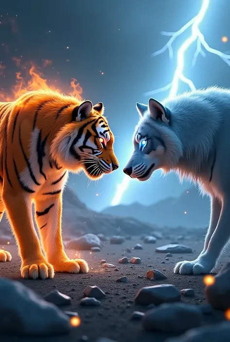  A dark scene of two fantastic animals , a fire tiger and an ice wolf ,  facing each other with fierce and hostile expressions . The environment is charged with tension,  with sparks and broken ice around ,  as the creatures eyes shine brightly  ( the tige...