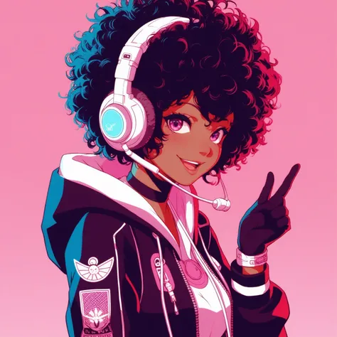 Anime style girl, Negra with curly heads pink eyes with gamer-like headphones with black gloves listening to Vibe Geek music 