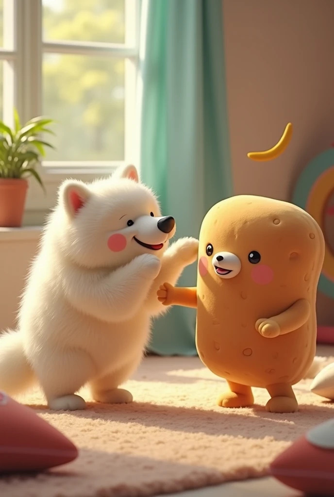 Im fighting with a cute, white, fluffy Samoyed dog and a stuffed bread toy