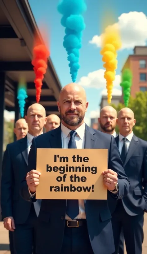 (((My bald father is a placard " Im the beginning of the rainbow！"It states:)))、Rainbow Bridge、Bald Head Businessman 、Bearded、７人のBald Head Businessman 、Bald-headed businessman shooting rainbows from his head 、 one for each person in a rainbow color、Sunligh...