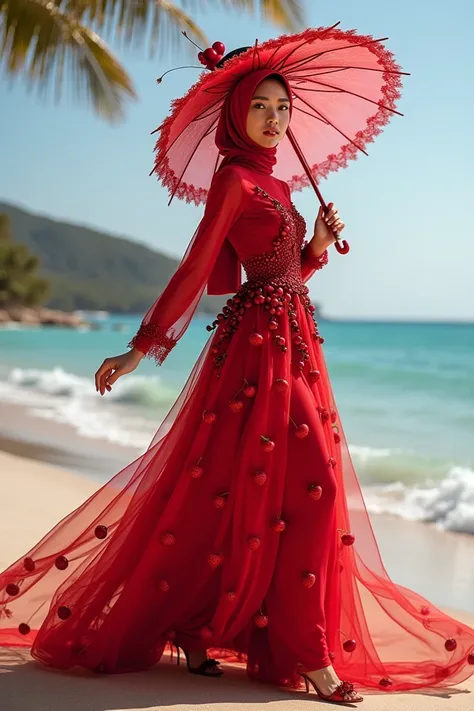 A Professional potrait of a young woman wearing red a hijab with Cherry hat, wearing red a long Cherry dress, there are fully of many cherries attached to the dress, wearing high heels, look camera catwalking like A modelling while holding a big capybara w...