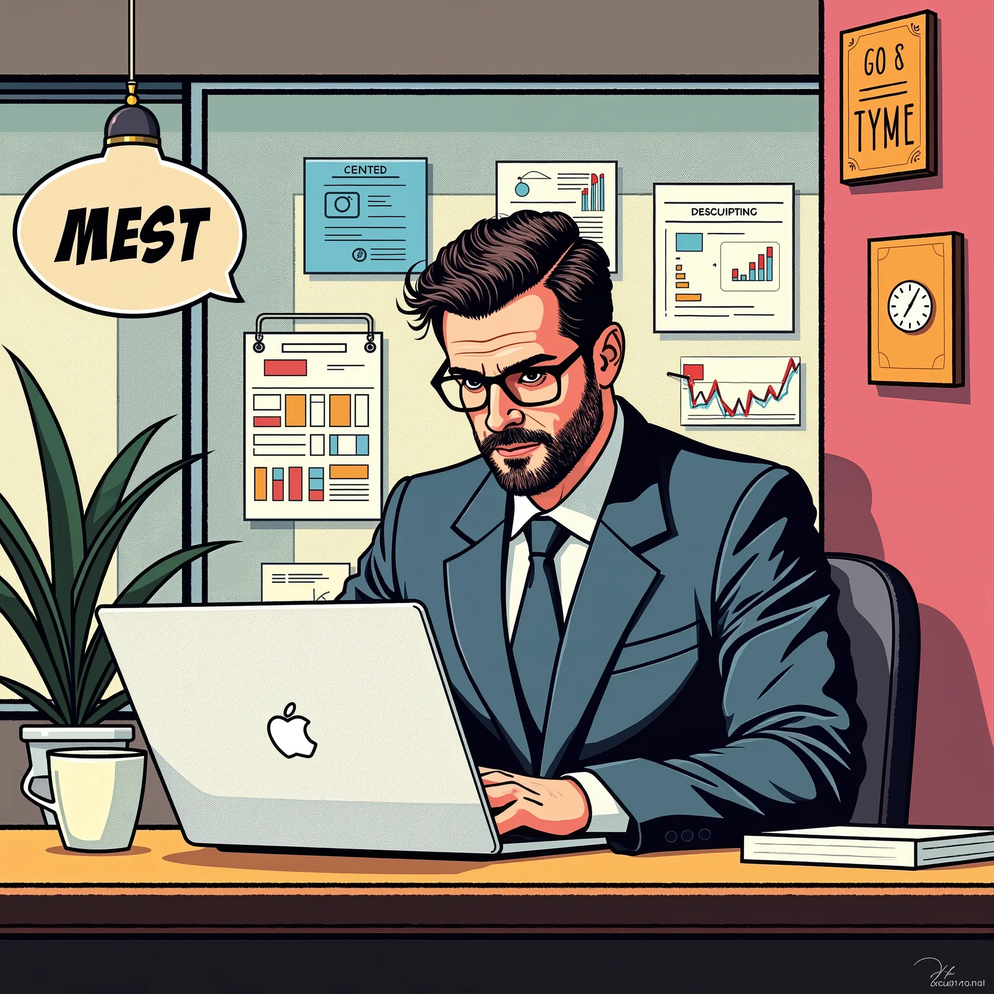 a comic-style pop-art illustration of a professional gm42 manager sitting at a desk in a modern office, focused on a macbook pro...