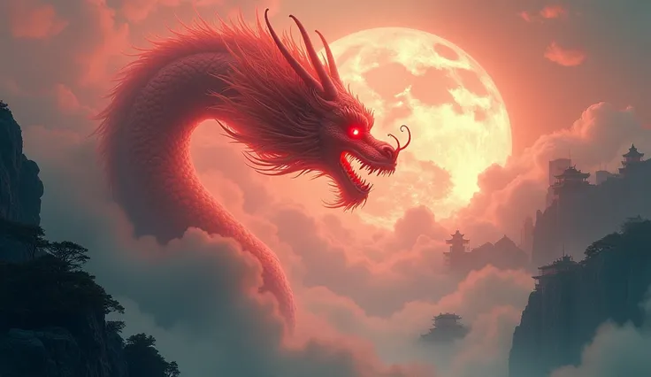 Chinese style，Chinese mythology， Chinese Dragon ，cough ，[Violent ，Huge， luminous effect ，Over the waterfall，thick clouds，building， Medium view scene emits red light ，Full body photo， Highly detailed surreal visual effects，oc rendering，