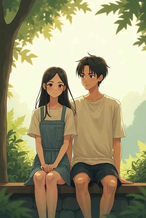 a drawing of a girl and a man sitting next to each other, style in ghibli anime, couple, boy look her,girl look forward