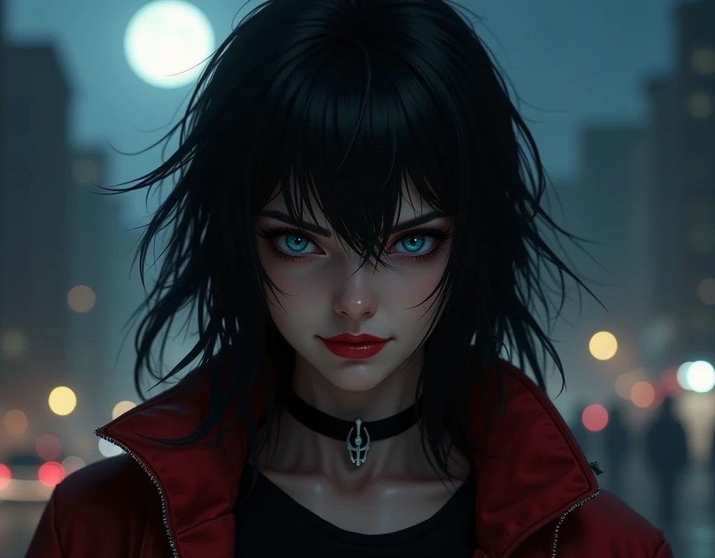 female in her early 30s, black hair, that fall loosely and in a disorderly manner down to shoulder height, with some strands covering part of her face. Her eyes are an intense blue tone, almost animalistic, conveying a sense of chaos and danger. She has li...