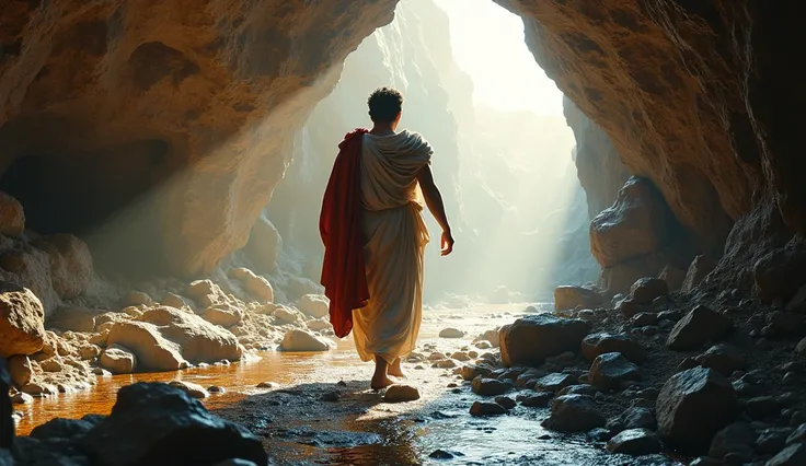  ultra realistic image of the giant portrait of Marcus Aurelius, 3d,  walking inside a cave ,  stalachitites and stalagomites ,  an underground river , loose rocks .  among shiny crystal stones,  in the background a ray of sunshine .