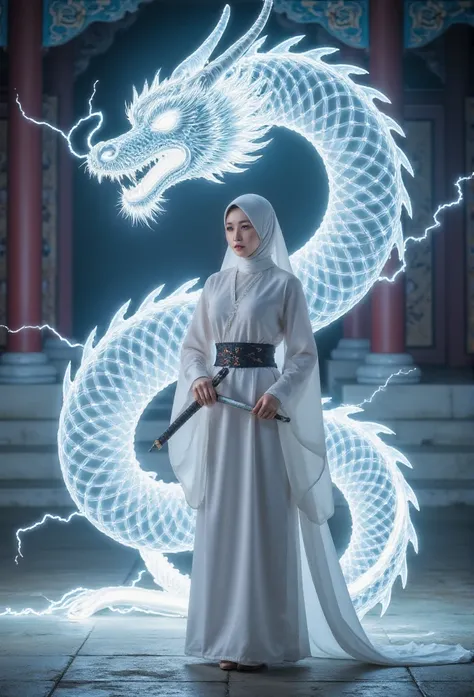 Can you make a beautiful female swordsman wearing a hijab, wearing a white robed dress, All the lines are lightning, to make a lightning dragon??? just like him in the dragon, without texture, This dragon is composed entirely of lightning, The swordsman is...