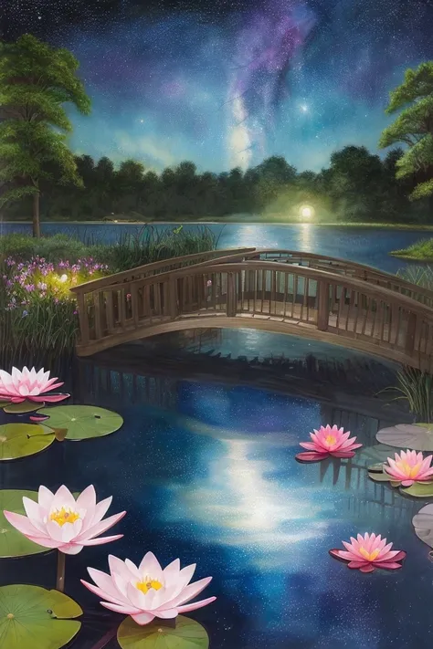 Colored line drawing night tranquil starry sky and lake water,  Water lily,  bridge , Highly realistic and detailed painting, crayon, Colored pencil