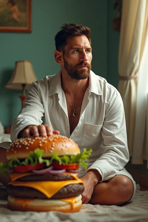 Lionel Messi in his nightshirt and you have a burger and he has muscles 
