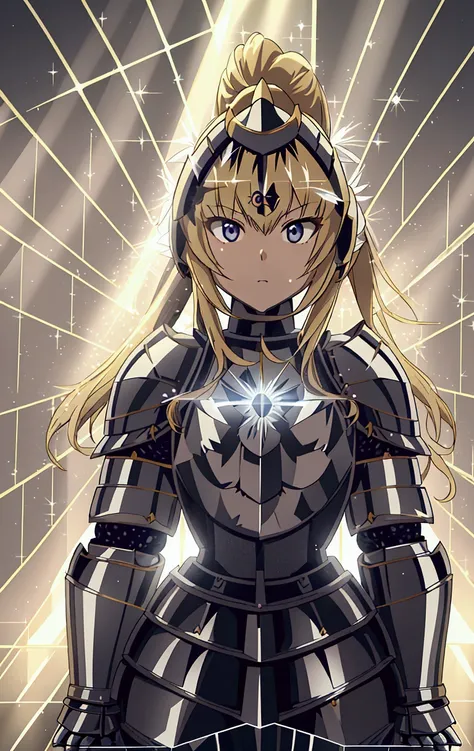 Masterpiece,best quality,ultra detailed,Japanese anime style,girl, blonde, with low ponytail hair, wearing a small knights helmet, (((armor made entirely of mirrors))), with light reflecting diffusely around her,((( Reflecting the rays of light that came t...