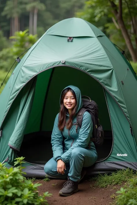 A photo of a beautiful asian woman sitting on entrance of a tent labelled Naturehike, which is shaped like a dome, located at the foot of a volcano. The entrance of the tent is visible. The background is lush green vegetation typical of a tropical environm...