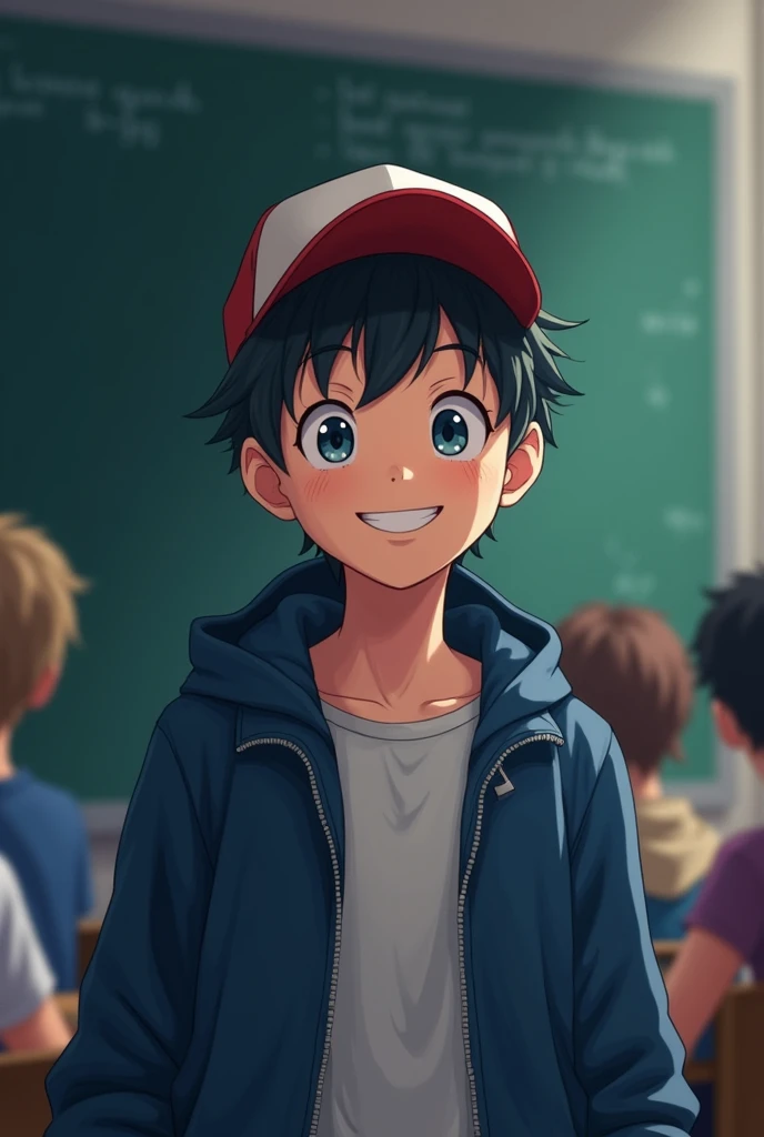 make a teen highschool boy, smiley face, wear cap, wear coat blue, infront of blackboard, dark, anime