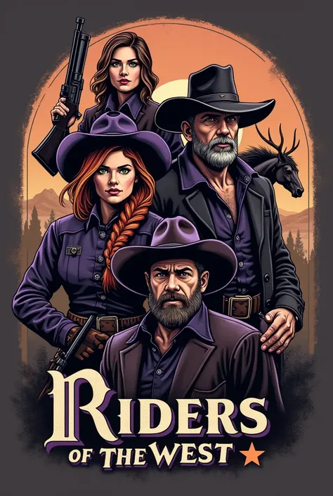 Logo for grown people western criminal band with 4 people in it ,1 ginger haired short girl with one braid with green eyes, 1 men with deer head for a hat and clothes with beard  and middle long blondish color, 1 Chinese guy short and short hair and beard ...