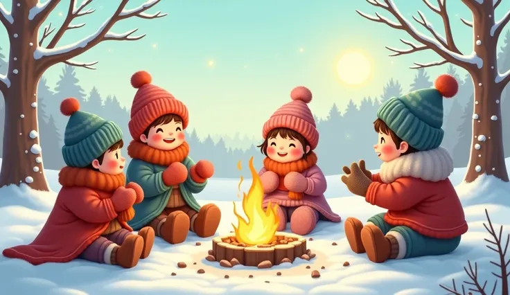 A group of s sitting outdoors on a sunny winter morning, wearing woolen socks and hats, warming their hands around a small fire or under the sun. Cartoon 

