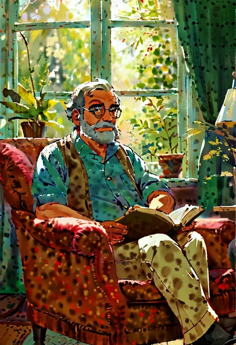 A cozy afternoon in the living room. João, a man with gray hair and a kind smile, sits in an armchair with a book in his hands