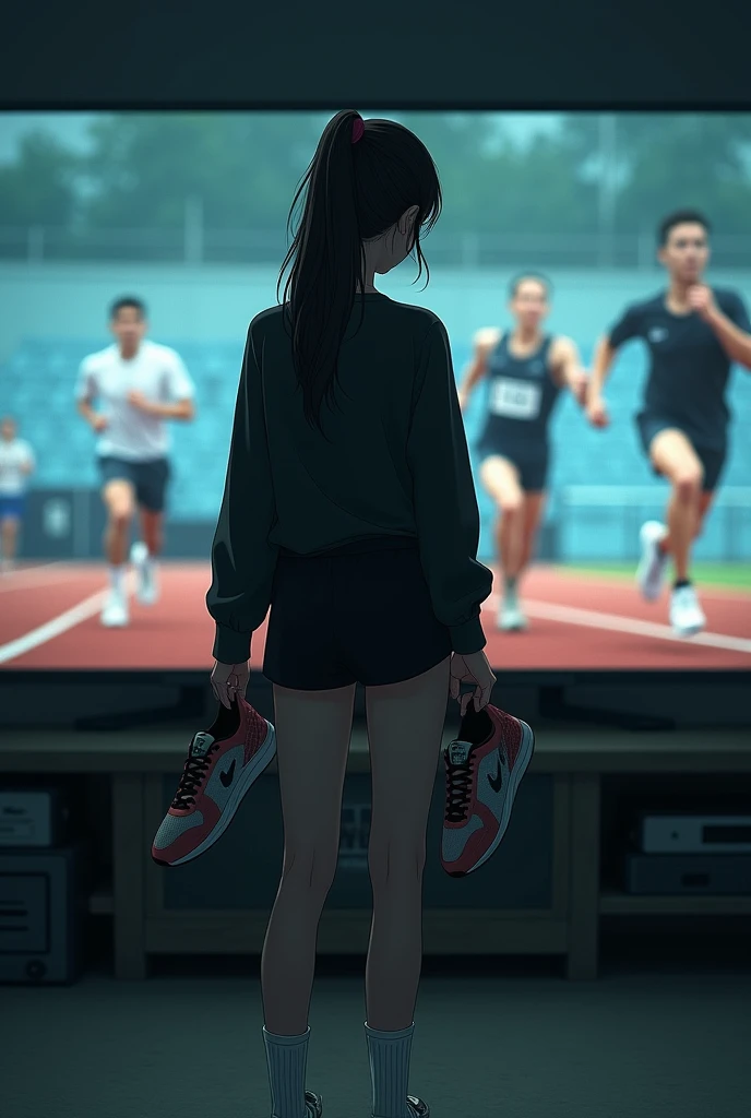 One with tied hair, wearing black sports shorts and a black long sleeve blouse ,  with socks on the foot and holding a pair of track shoes in the hand ,  while standing in front of a television watching athletes running on the athletic track, She is sad.