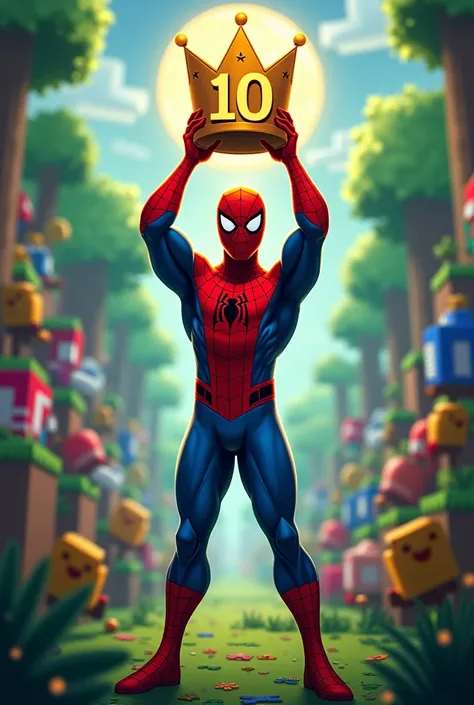 Spiderman Minecraft roblox and fortnight image in green and gold with a gold crown. Make it a birthday invitation . Make the crown over the number 10. Make the adult spiderman hold the crown up in the air with the number 10 on it. Add Minecraft roblox and ...