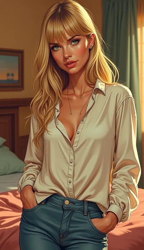 (Old school comic) Jodi A woman in her late 20s with long, straight blonde hair with bangs, striking green eyes, and a slim build. Wearing a simple white blouse and jeans, her expression is soft but with an underlying intensity. The background is a warm-li...