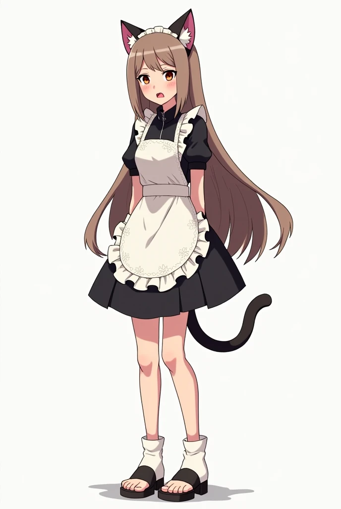 Naruto art style. A tall shinobi girl wearing maid dress cat ears embarrassed flustered. Naruto art style. Anime art style. Long hair 