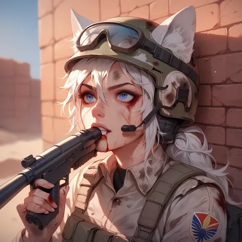 Female Soldier, White rough hair, Fox ears, Blue eyes, Dirty, Desert coloured heavy military outfit, Helmet, Holding machine gun over brick wall, Bloody, Bloody clothes, Desert