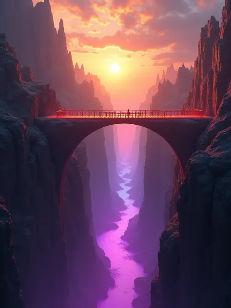 A breathtaking, fantastical scene featuring a long, winding wooden bridge arching gracefully over a deep, mysterious chasm. The bridge glows with a vibrant gradient of magical colors, transitioning seamlessly from deep purple at its base to fiery red at th...