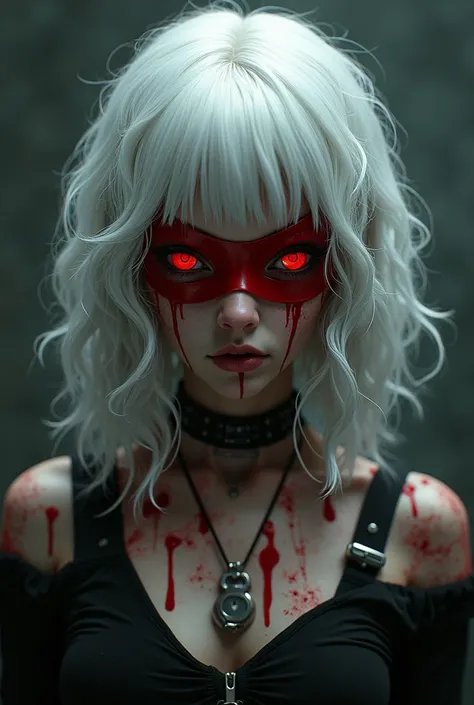 Pale white girl with wavy white hair, RED eyes , wearing a RED mask that covers her eyes, with a punk dark red jacket a black t-shirt and covered in blood
Make her badass NOT CUTE