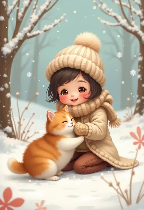 winter、cat、 cute girl、