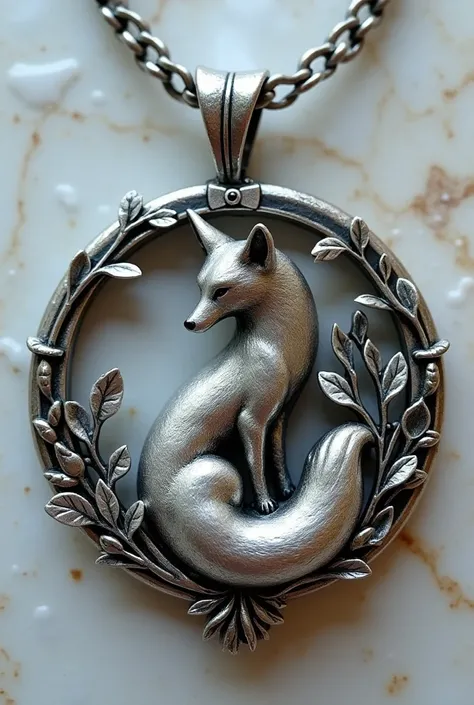  Create the image of a silver pendant where there is a fox ,  whose ornaments reflect its relationship with the mystical and nature, and that it has a small black onyx somewhere 