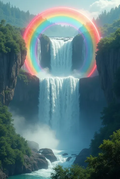 A breathtaking scene of a waterfall from above, showcasing a circular rainbow with a secondary rainbow