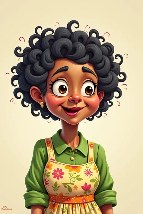 Cartoon, short woman,  light black skin , 60 years, Black hair with tied hair curlers,  green dress with apron on top