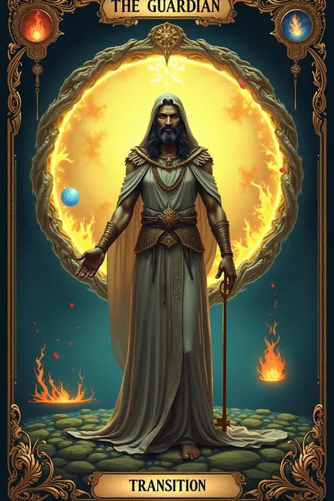  Here is an example of a prompt for a new deck card :


---

Prompt:
" Create a tarot card entitled The Guardian of the Portal .  The central figure is a powerful and serene ancestor entity ,  with mixed traits from different ancient cultures ,  representi...