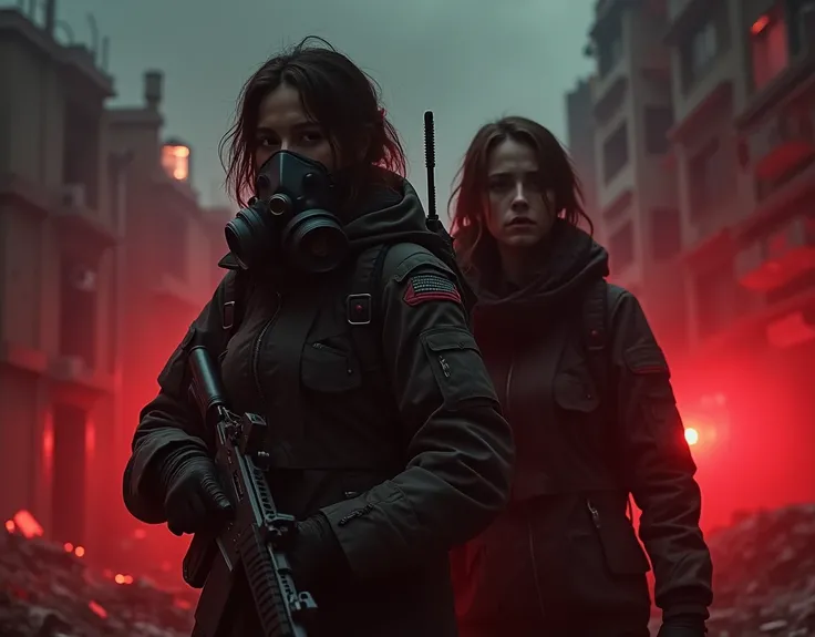 In the foreground, CLOSEUP SHOT of Commander Elena Voss stands, her face partially obscured by an oxygen mask, gripping a rifle with fierce determination. Beside her, Mia, eyes shadowed with tension, clutches a knife. Behind them, in the background, a dark...