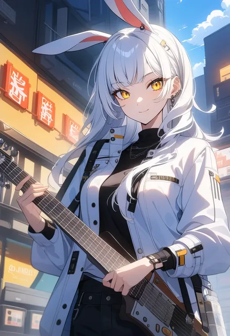 high quality, 8k, detailed, anime style, tall rabbit girl musician, medium breasts, short tousled white hair, piercing yellow eyes, stoic expression with slight smile, electric guitar slung over shoulder, casual rocker outfit, rabbit ears alert, noodle sho...