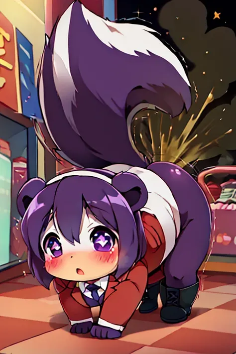 girl, skunk, furry, bodyfur, blazer, bottomless, color tights, dark purple tights, white gloves, boots, chibi, sparkling eyes, sissy, blush, shopping mall, all fours, fart