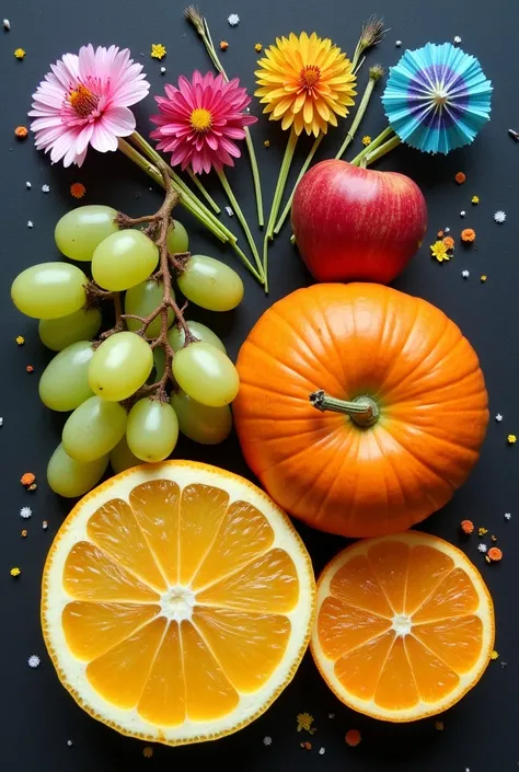 a picture of a cut slice of a yellow lemon and an orange tangerine with green grapes at the left bottom side and an apple above them with a pumpkin in the middle with colorful umbrellas on the top right and a bunch of flowers on the top left leaving the bo...