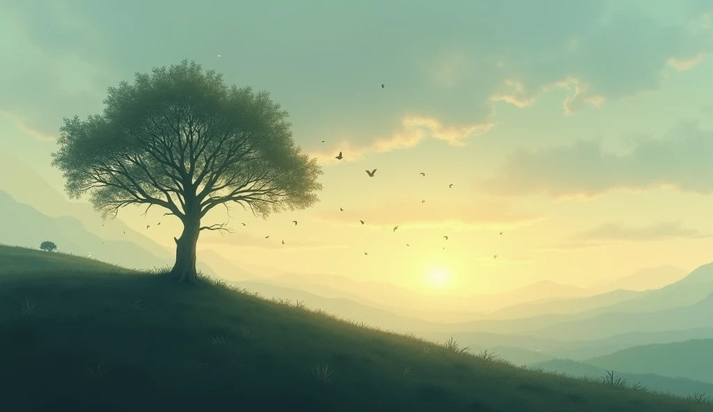 "A serene landscape at dawn, with a single solitary tree on a hill, its leaves beginning to fall gently, symbolizing impermanence. The sky displays soft shades of orange and blue, suggesting tranquility and introspection."