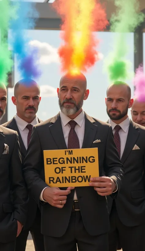 (((My bald father is a placard " Im the beginning of the rainbow！"It states:)))、Rainbow Bridge、beautiful gradient rainbow、Bald Head Businessman 、Bearded、７人のBald Head Businessman 、Bald-headed businessman shooting rainbows from his head 、 rainbow color for e...