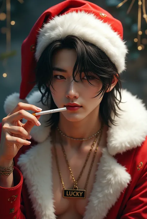 Beautiful young  Korean long hair man wearing Santa outfit and Santa hat holding cigarettes with name tag necklace "LUCKY"